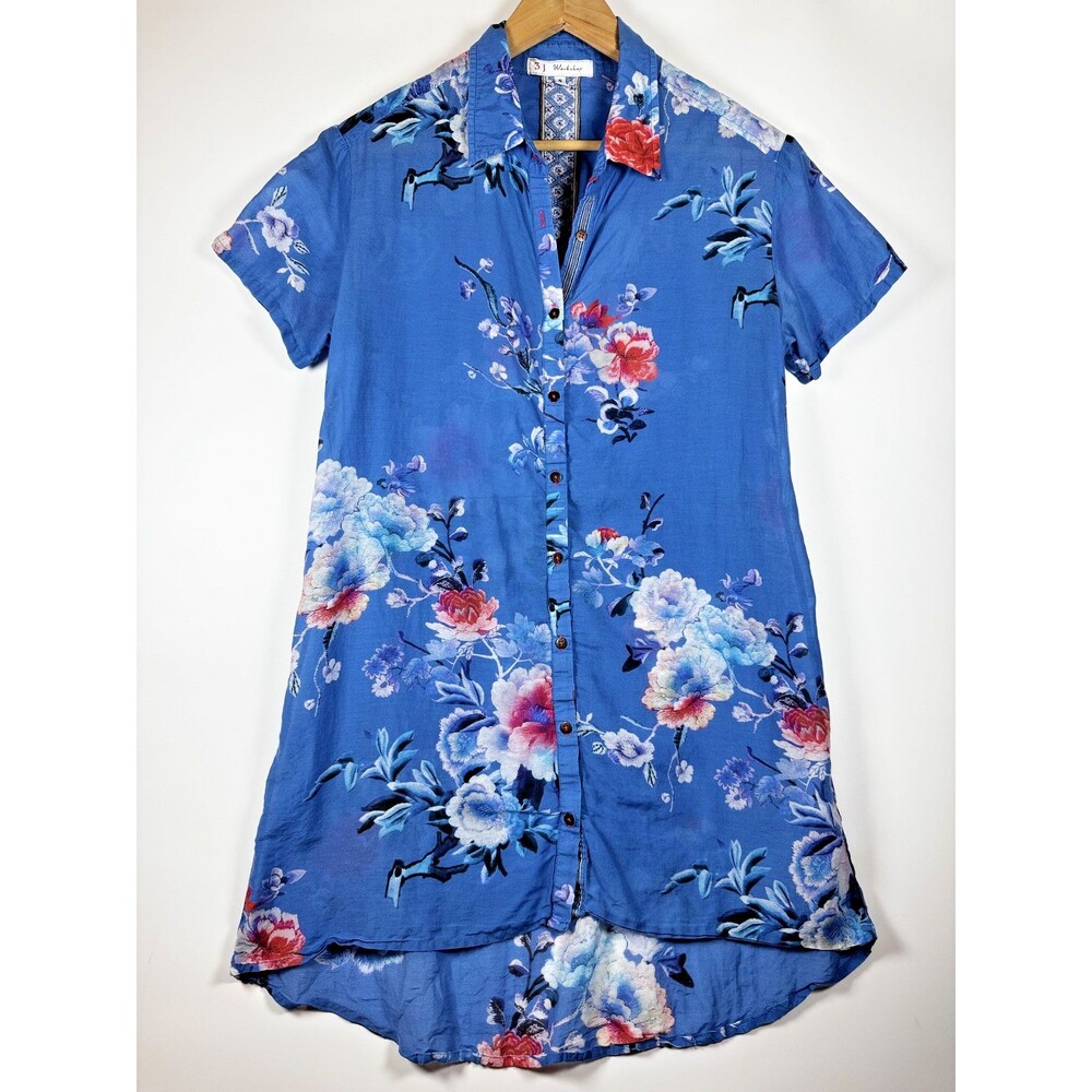 Johnny Was 3J Workshop Tunic Top Womens Small Blue Floral Silk Blend Boho